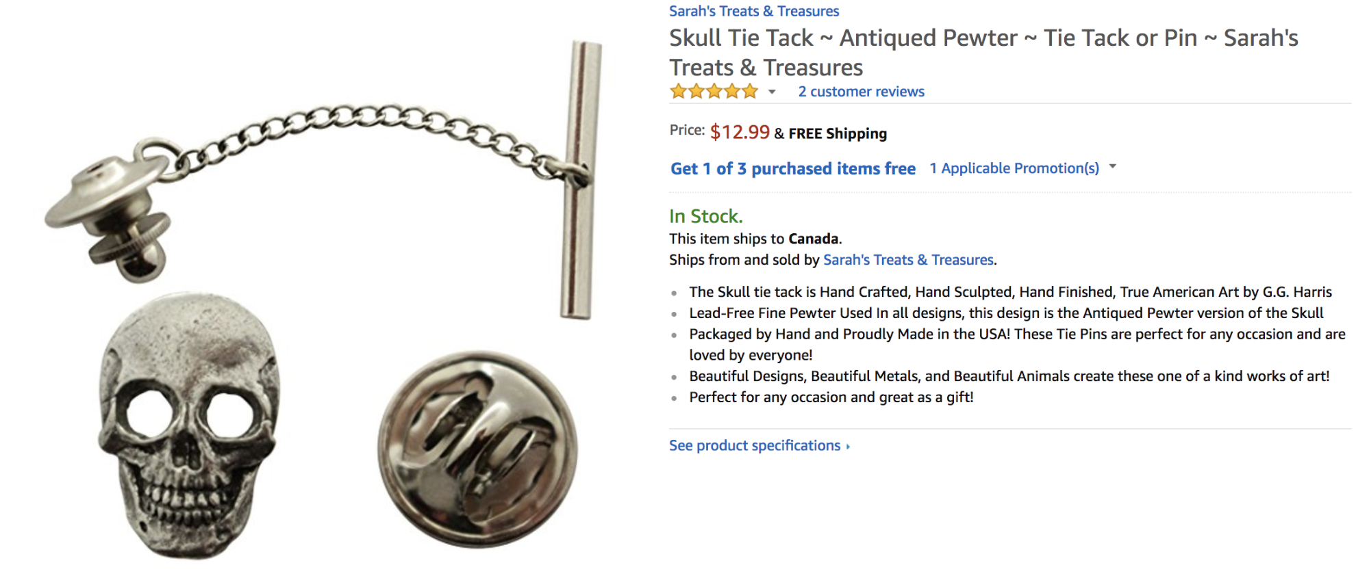 Skull tie tack from Sarah's Treats and Treasures