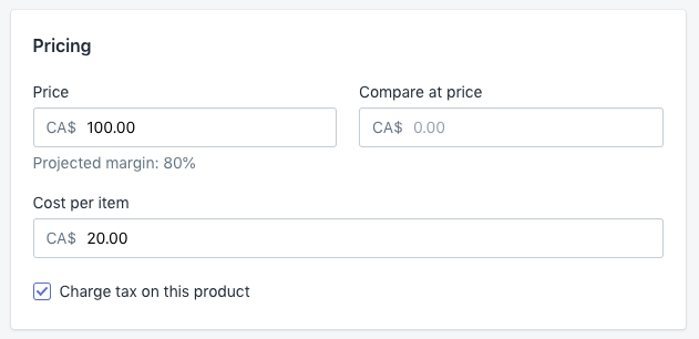 kosten per item ingevoerd in Shopify