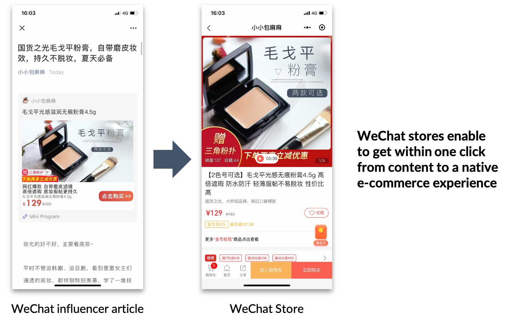 I negozi WeChat consentono agli utenti di passare in un clic dai contenuti all'esperienza di ecommerce
