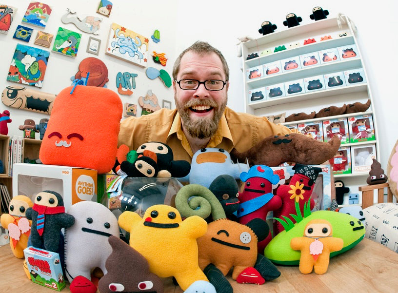 Shawn Smith with a collection of Shawnimals.