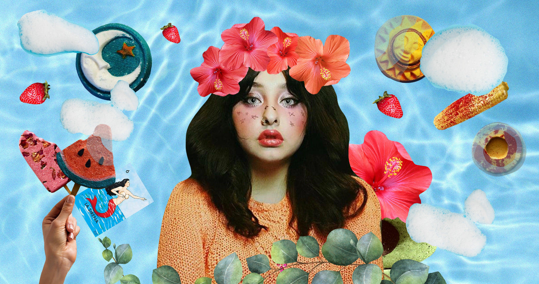 Photo collage of Brewbles Founder Estefania Rodriguez. Surrounding her are images of her bath bombs including a sun and moon, a watermelon and popsicle. Catheryn has a flower crown and a eucalyptus along the bottom of her portrait.  