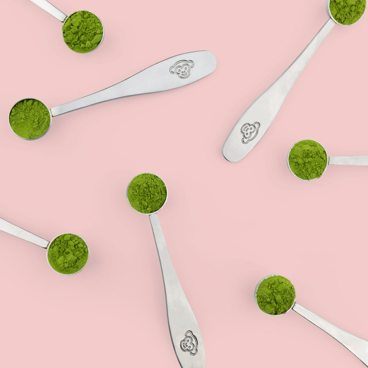 Serving spoons filled with matcha powder from PureChimp.
