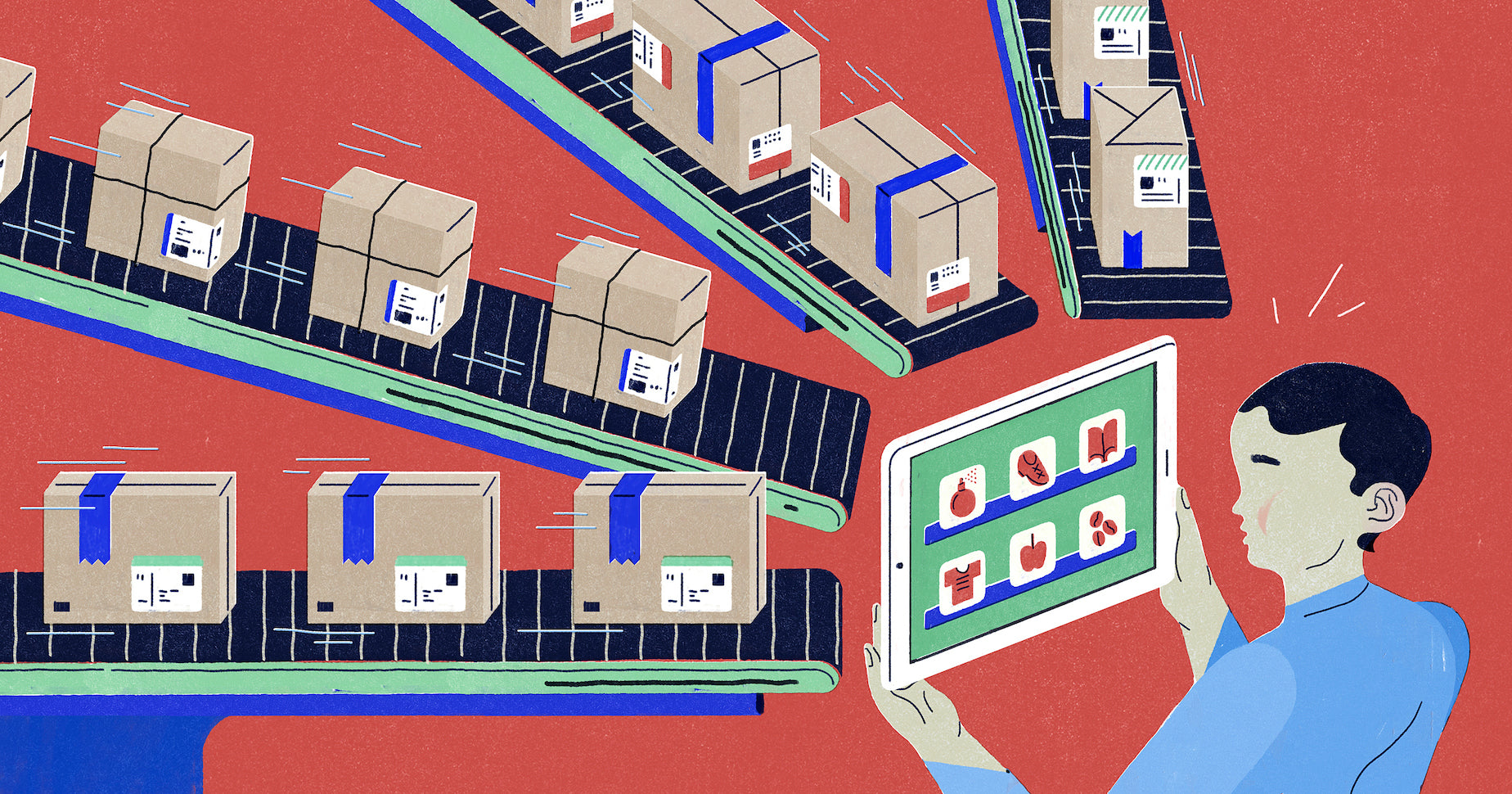 Illustration of conveyor belts transporting products toward a person holding an iPad, representing the concept of product sourcing apps.