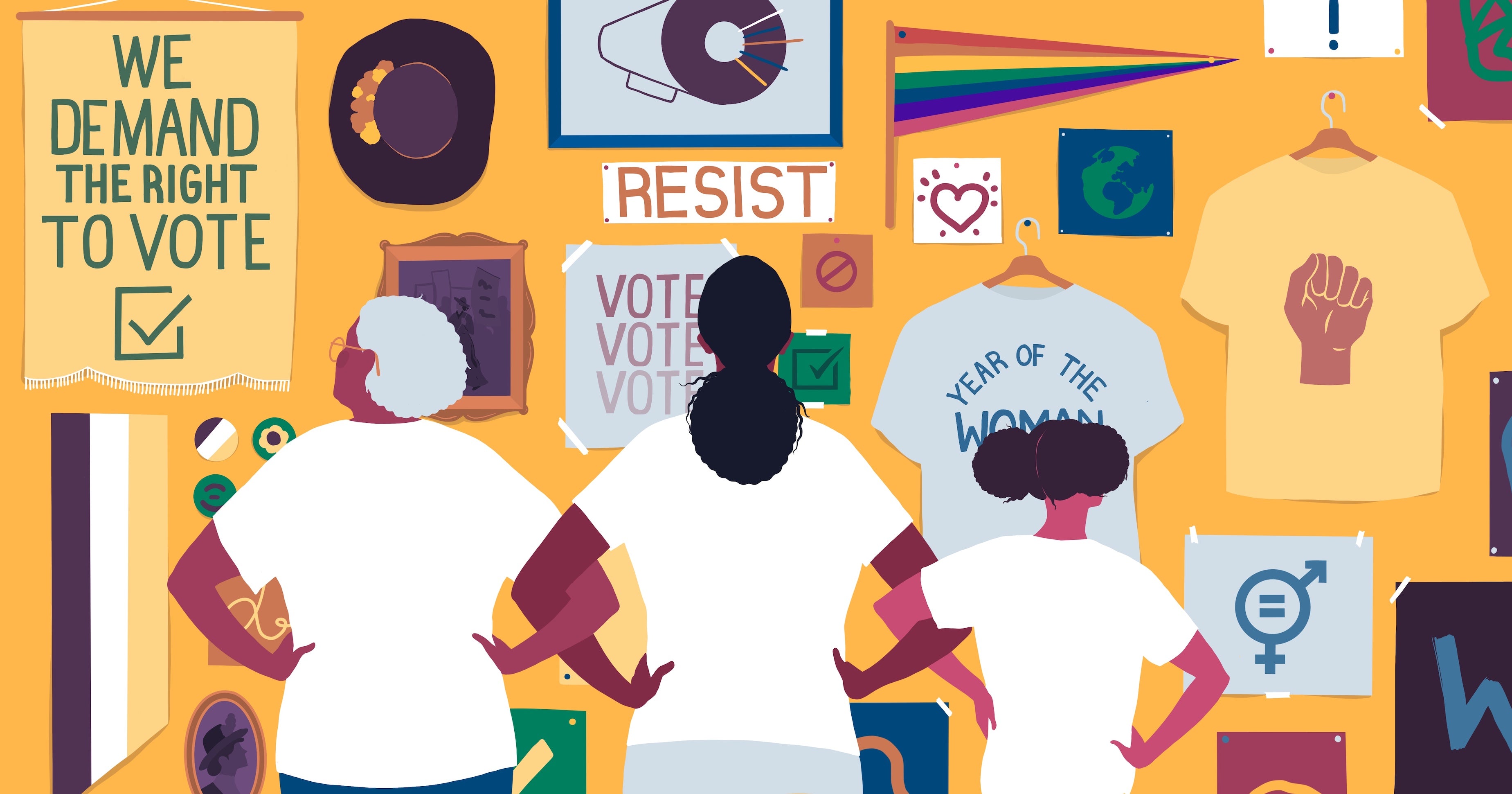 illustration of three women looking at a wall covered in protest posters