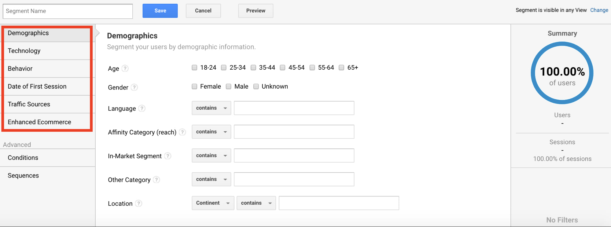 Simple Google Analytics segments