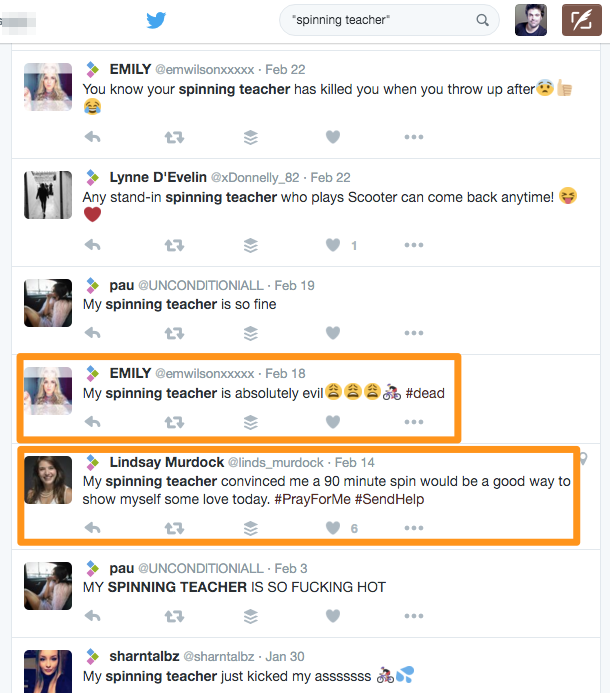Screenshot of Twitter search for spinning teacher