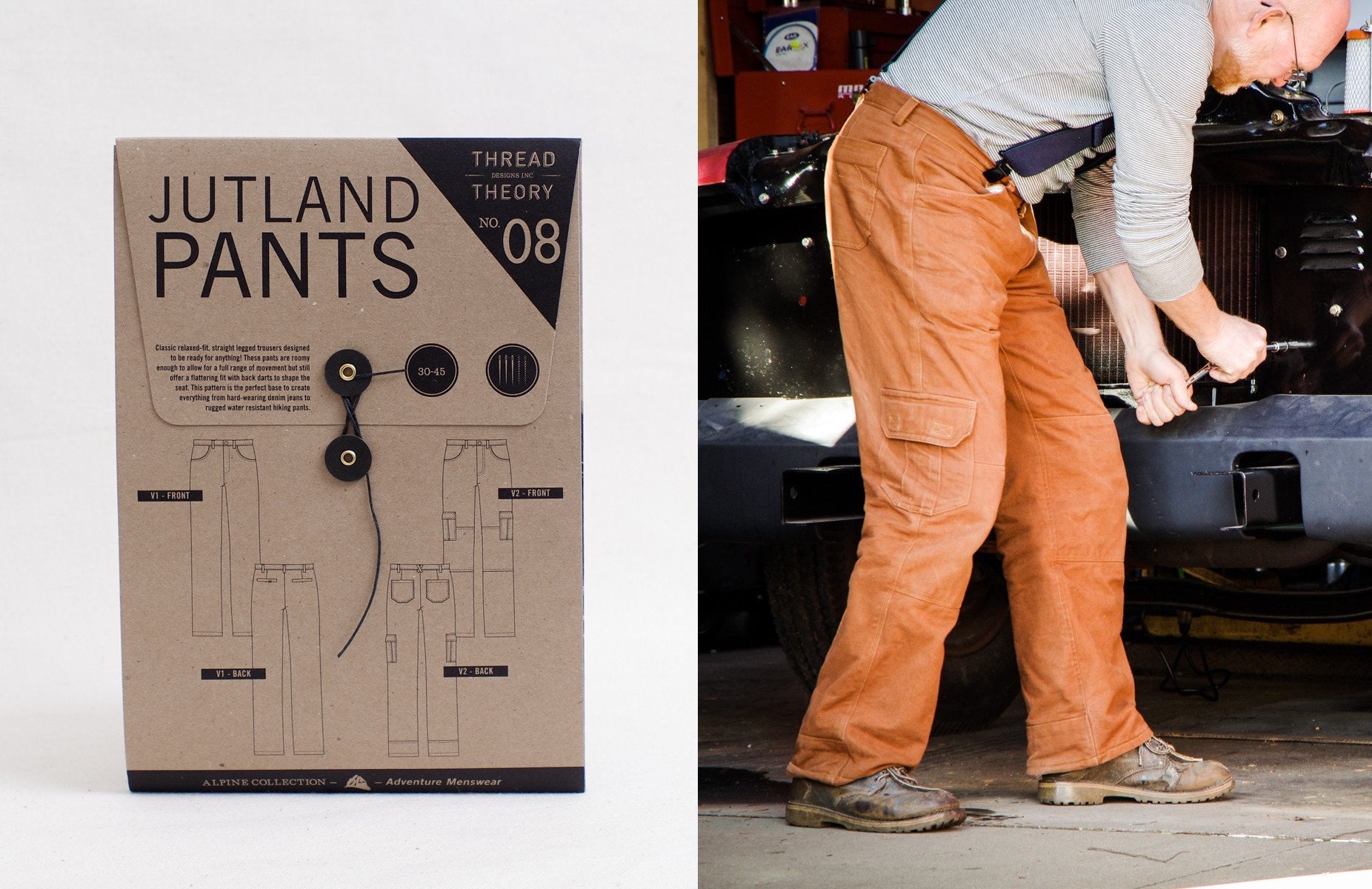 Thread Theory menswear sewing pattern on the left. Man in orange pants bending over on the right.