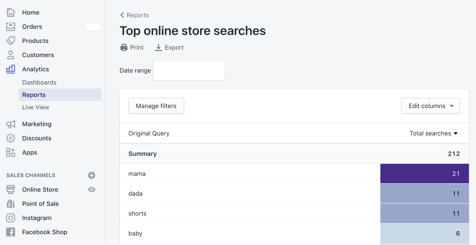 the search report in shopify