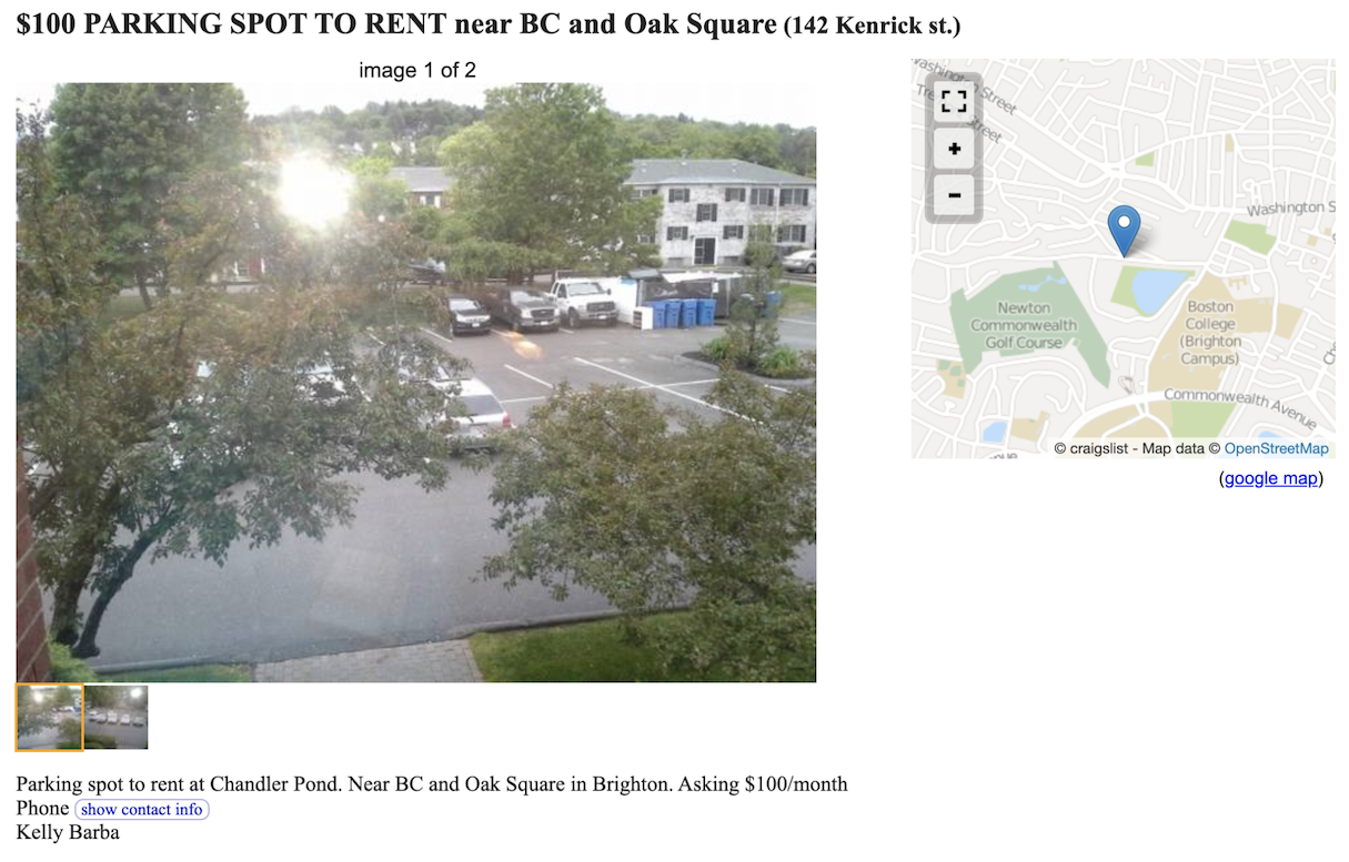 An featuring a Craigslist ad. The image is a parking lot where someone is leasing their unused parking