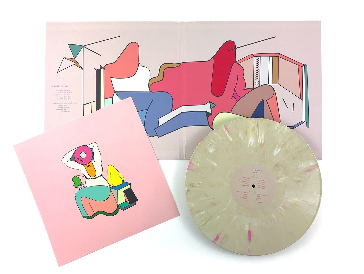 Image of a pink vinyl record and illustrated sleeve on a white surface