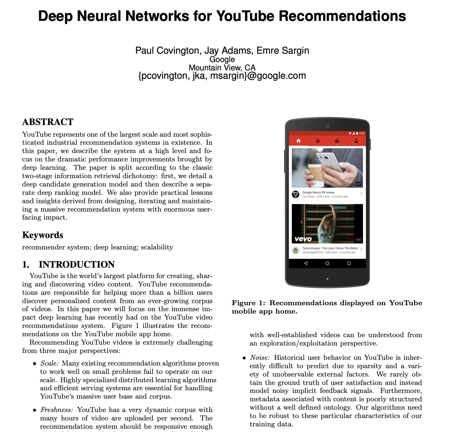 research paper detailing plans for the youtube's recommendation engine