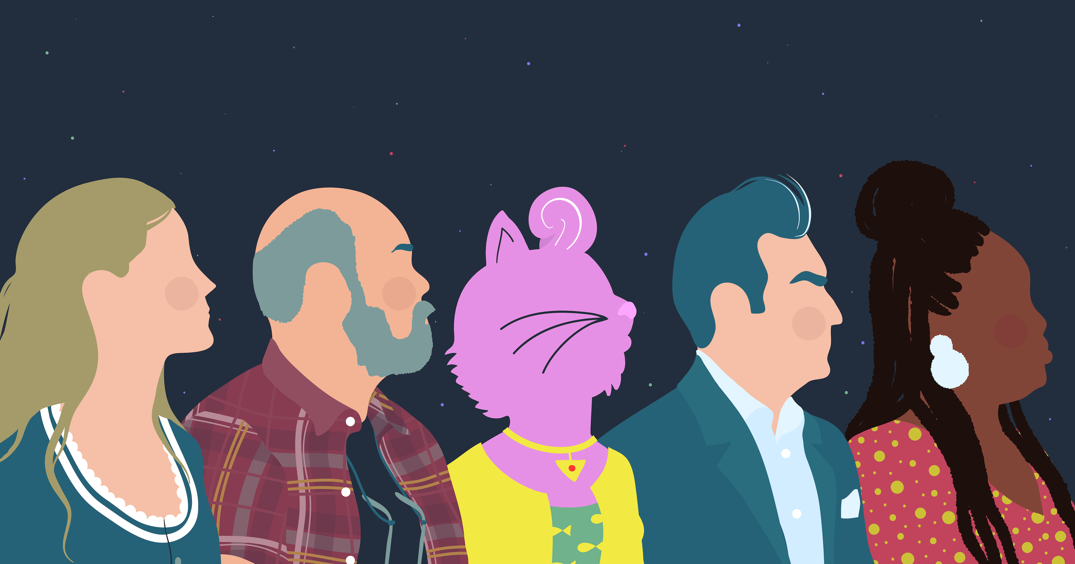 Illustration of the silhouettes of five fictional entrepreneurs: Dolores Abernathy, Mr. Kim, Princess Caroline, Johnny Rose, and Fran from Shrill