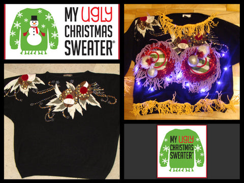 DIY ugly Christmas sweaters from www.MyUglyChristmasSweater.com.  These Naughty Christmas sweaters are best sellers at My Ugly Christmas Sweater, and have dangling fringe, real working lights and 3D decorations. 