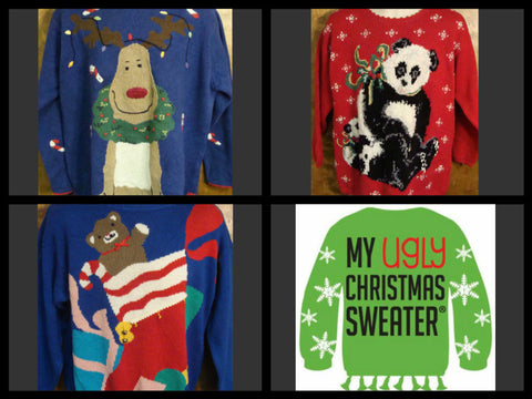 Cute Christmas sweaters from www.MyUglyChristmasSweater.com. Cute retro 80s sweaters with reindeer, pandas, dogs and cats. Cute and cozy to wear all winter long. #christmassweaters