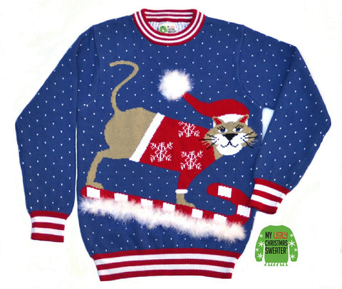 sledding cat sweater from my ugly christmas sweater