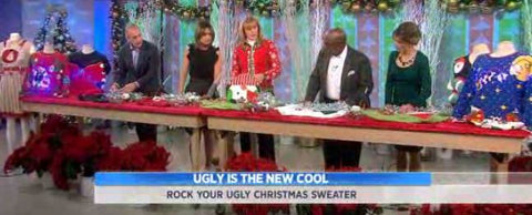 My Ugly Christmas Sweater on The Today Show, showing the hosts how to make a DIY #uglychristmassweater.  Anne Marie Blackman from www.MyUglyChristmasSweater.com demonstrated how to craft an ugly Christmas sweater with a placemat, garland,  and a gluegun