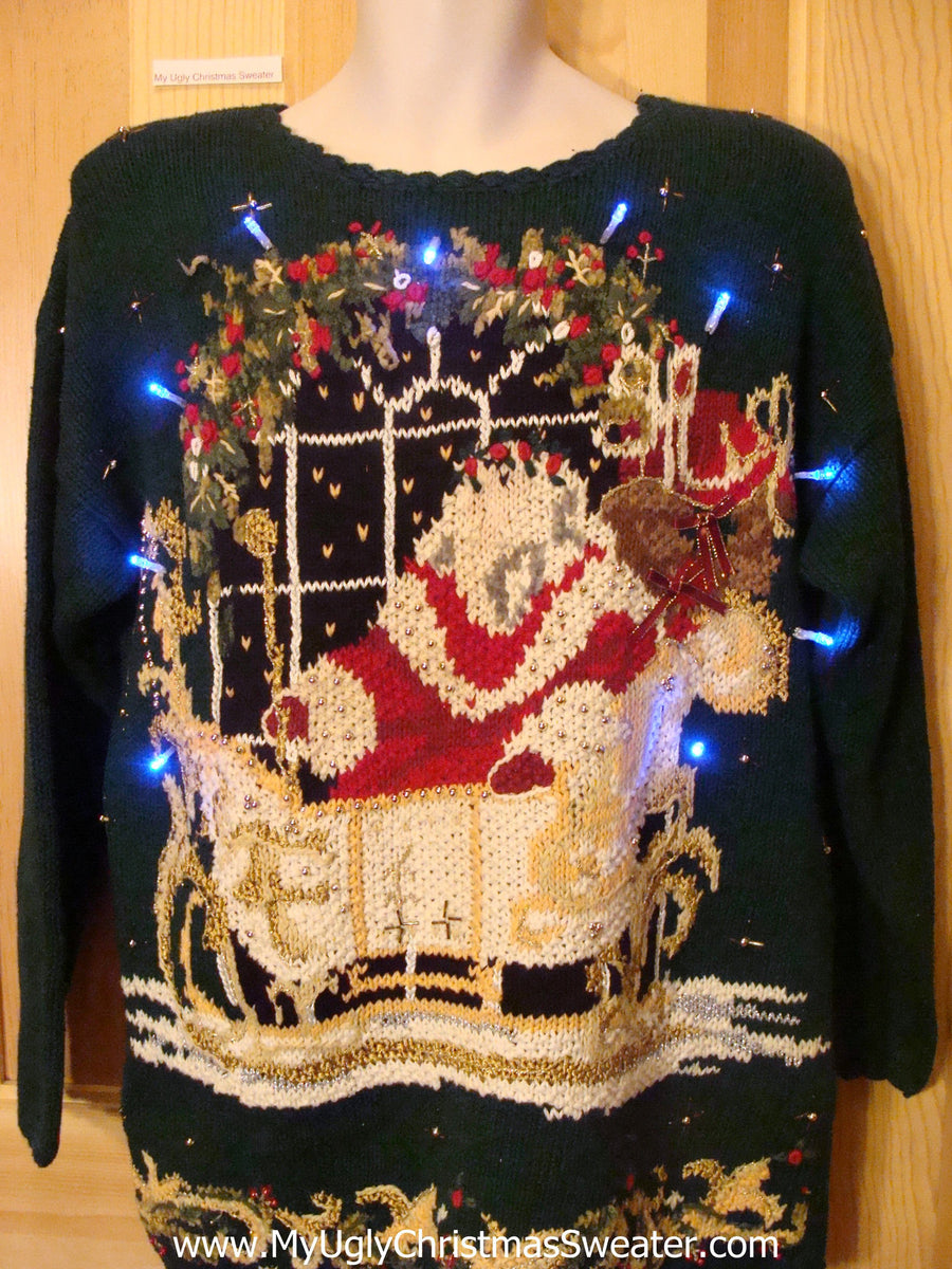 Light Up Ugly Xmas Sweater 80s Santa And Sleigh – My Ugly Christmas Sweater