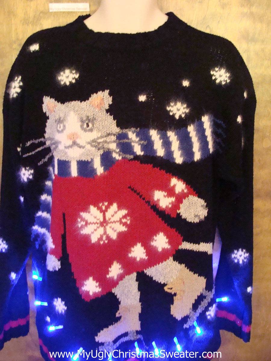 BEST Skating Cat Tacky Xmas Sweater with Lights – My Ugly Christmas Sweater