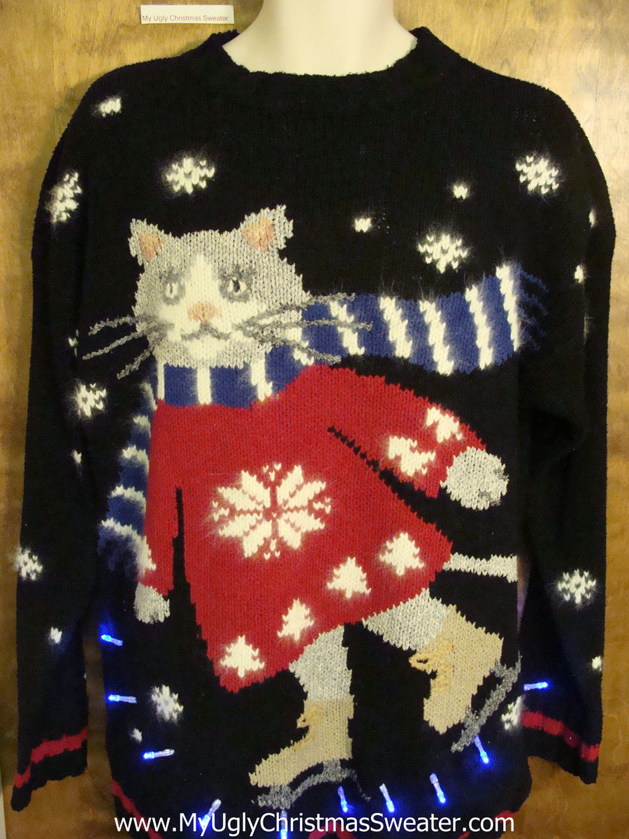 BEST Skating Cat Tacky Xmas Sweater with Lights – My Ugly Christmas Sweater