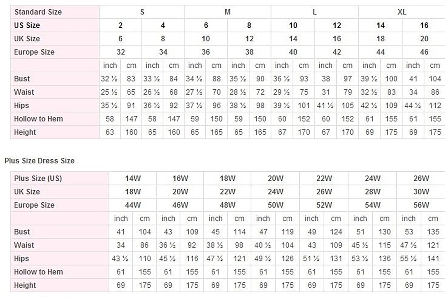 wedding gown sizing chart