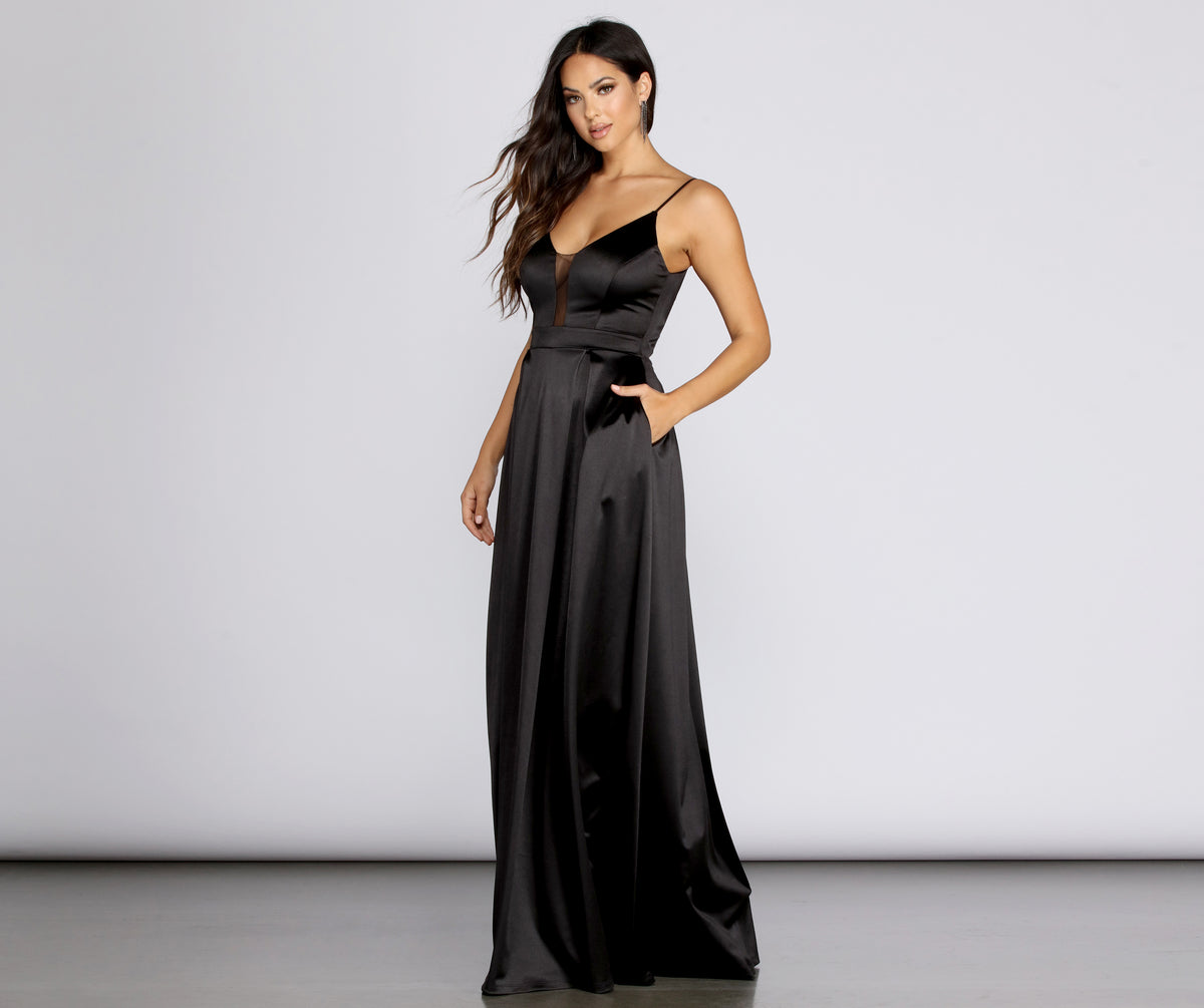 avery g satin ball gown