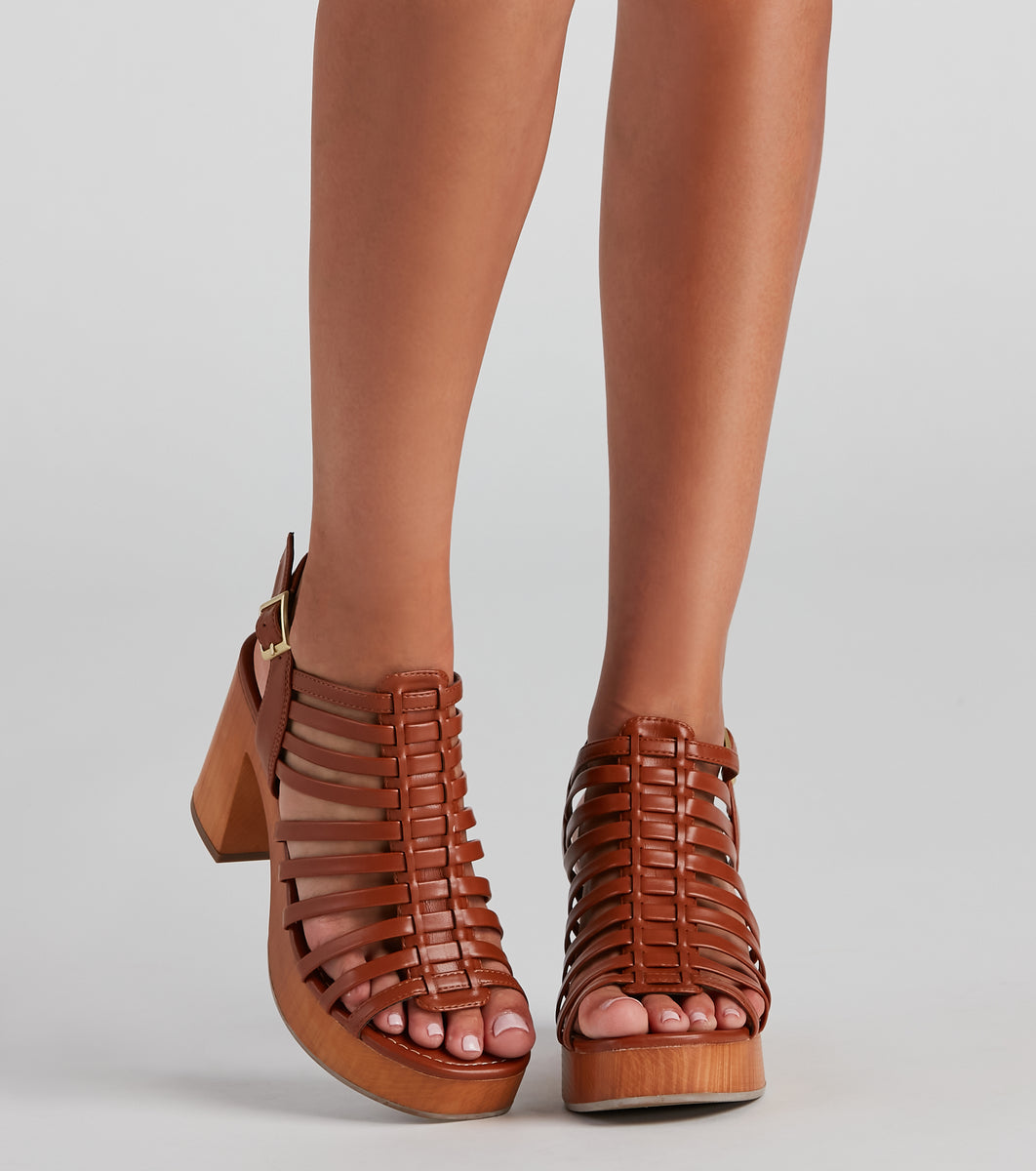 caged lace up block heels