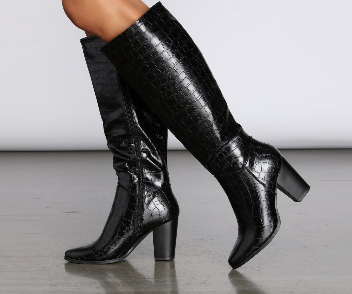 croc print knee high boots