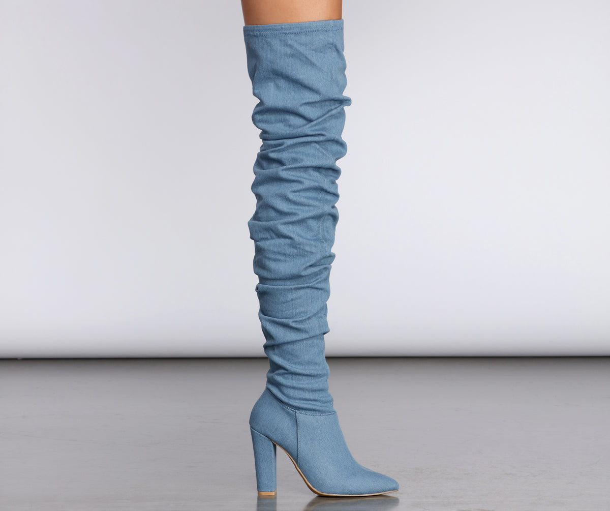 blue jean over the knee boots