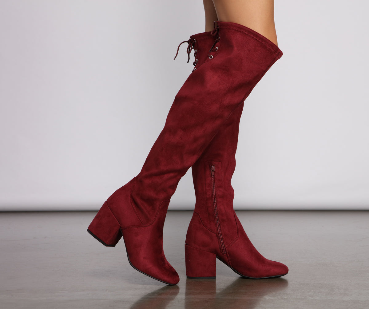 tie back over knee block heeled boots