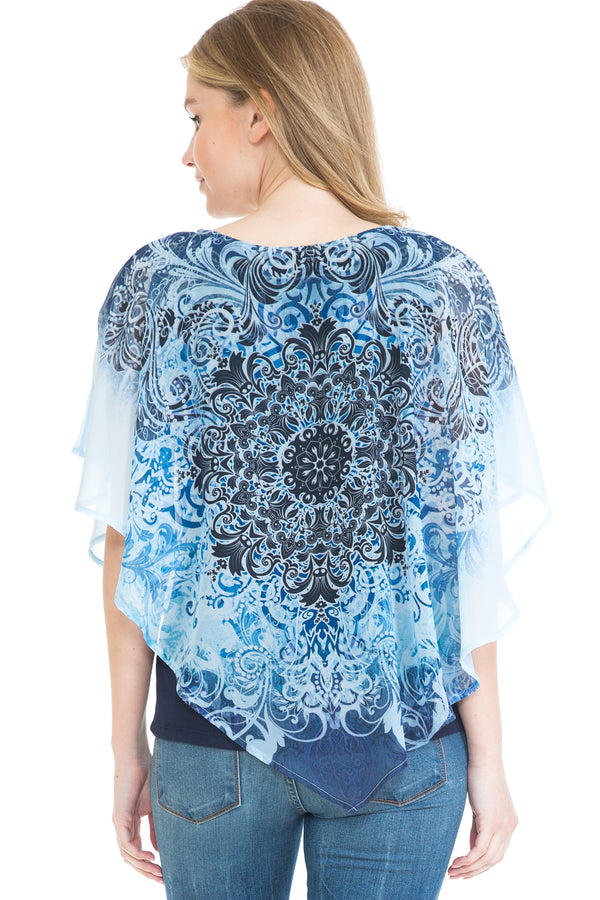 Women's Double-Layered Medallion Print Chiffon Poncho Blouse Top