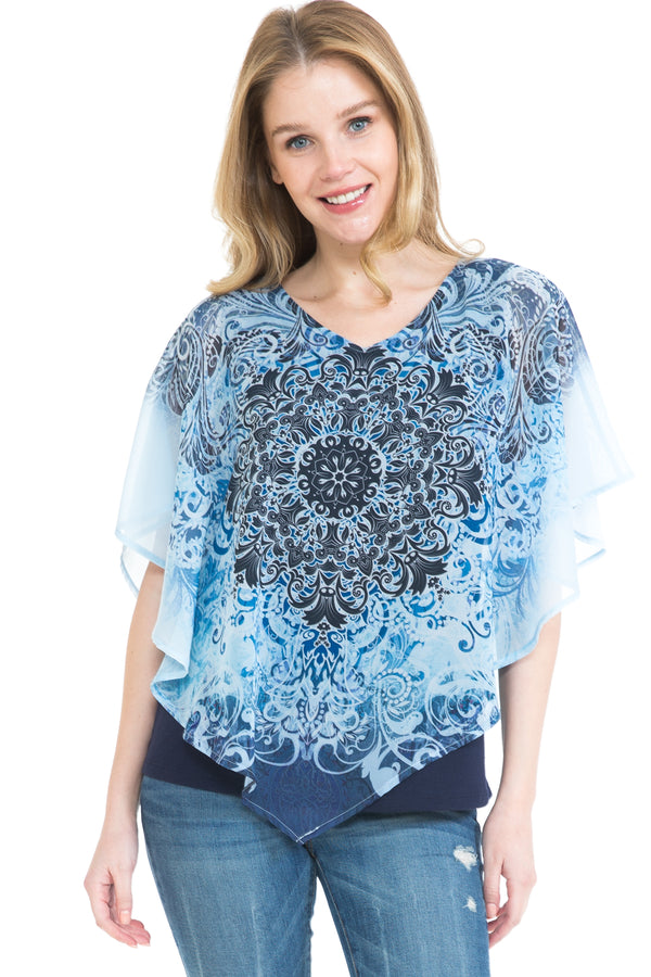 Blue Paisley Double-Layered Chiffon Poncho Top