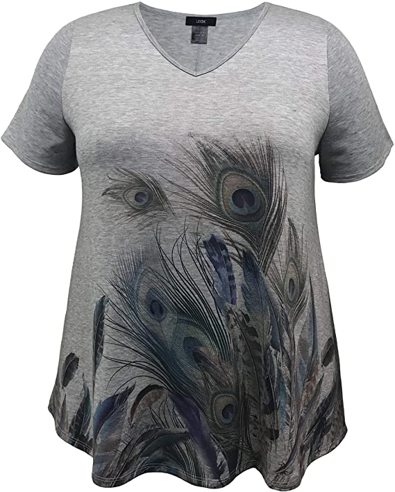 Women's Feather Swing V-Neck Short Sleeve  Print Top