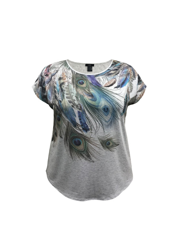 Women's Feather Print Crew-Neck Dolman Short Sleeve Top