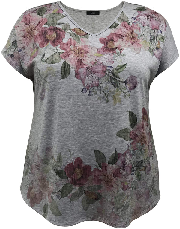 Women's Multi-Floral V-Neck Dolman Short Sleeve Print Top