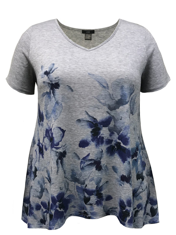 Blue Floral High-Low Hem Short Sleeve Print Top