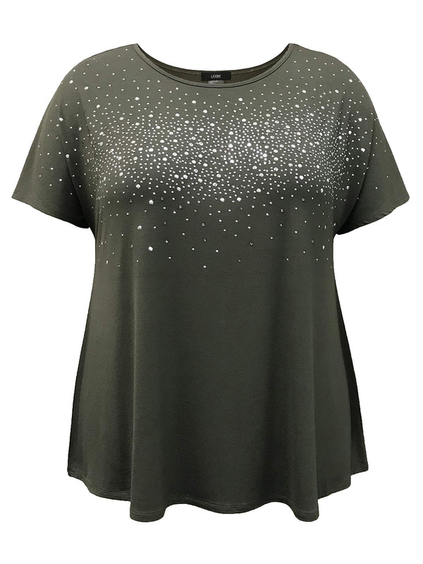 Crew Neck Studded Short Sleeve Swing Top