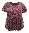 Women's Printed Mesh Crew Neck Short Sleeve Ruffle Top