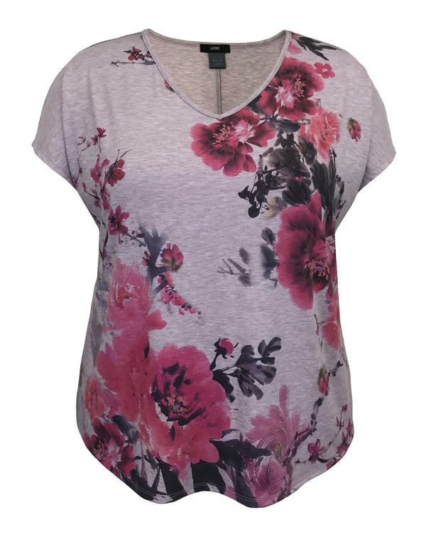 Mauve Floral V-Neck Dolman Short Sleeve Print Top