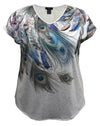 Women's Feather Print V-Neck Dolman Short Sleeve Top