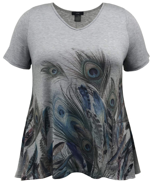 Women's Feather High-Low V-Neck Short Sleeve Print Top