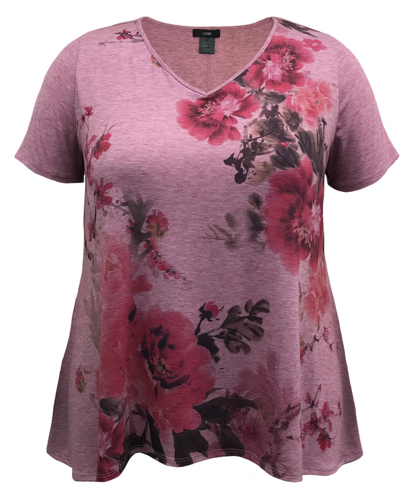 Women's Mauve Floral High-Low Hem V-Neck Short Sleeve Print Top