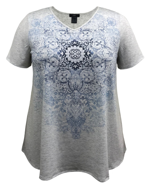 Medallion V-Neck Swing Short Sleeve Print Top