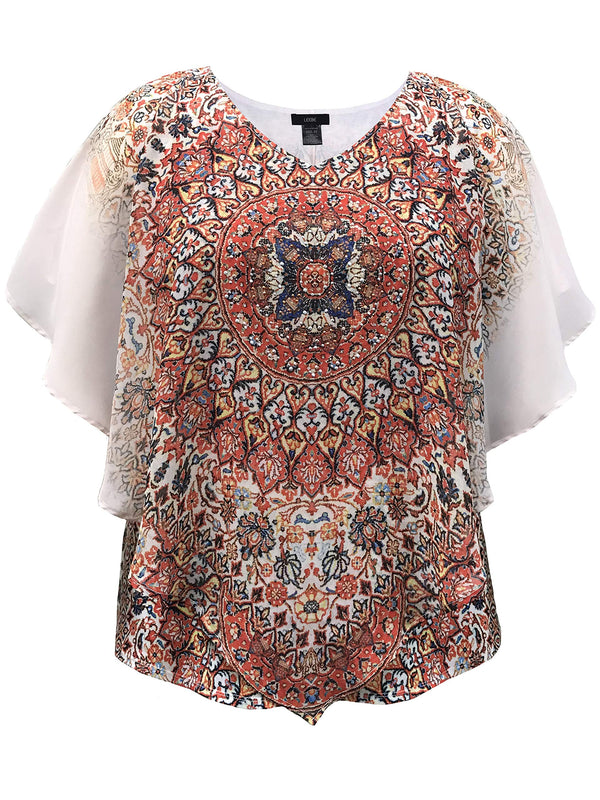 Women's Double-Layered Medallion Print Chiffon Poncho Blouse Top