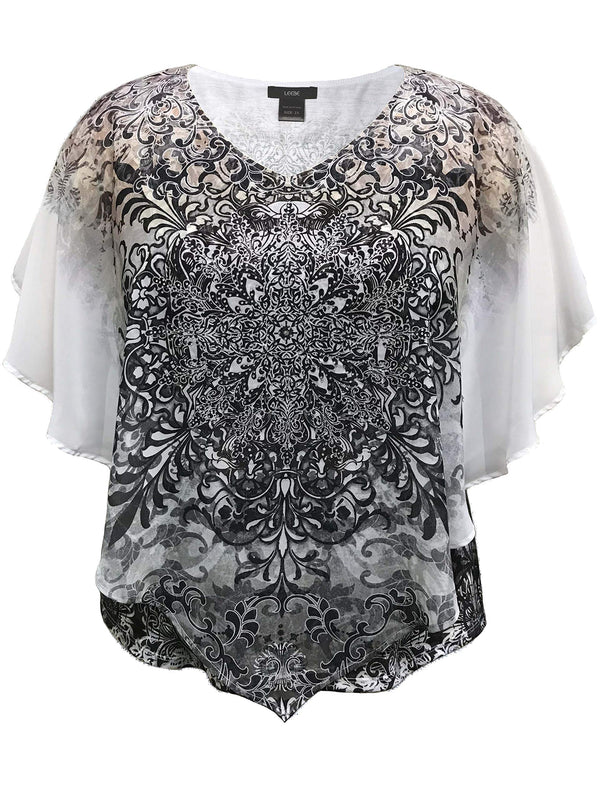 Women's Double-Layered Medallion Print Chiffon Poncho Blouse Top