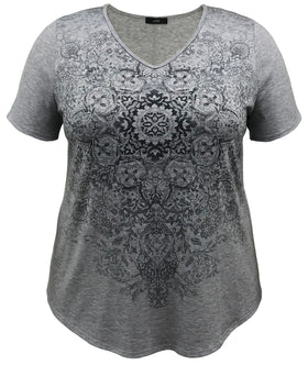 Women's Medallion V-Neck Short Sleeve Graphic Print Top