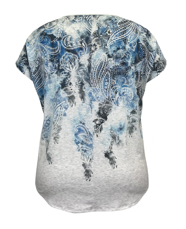 Water Color Blue Paisley V-Neck Dolman Short Sleeve Print Top