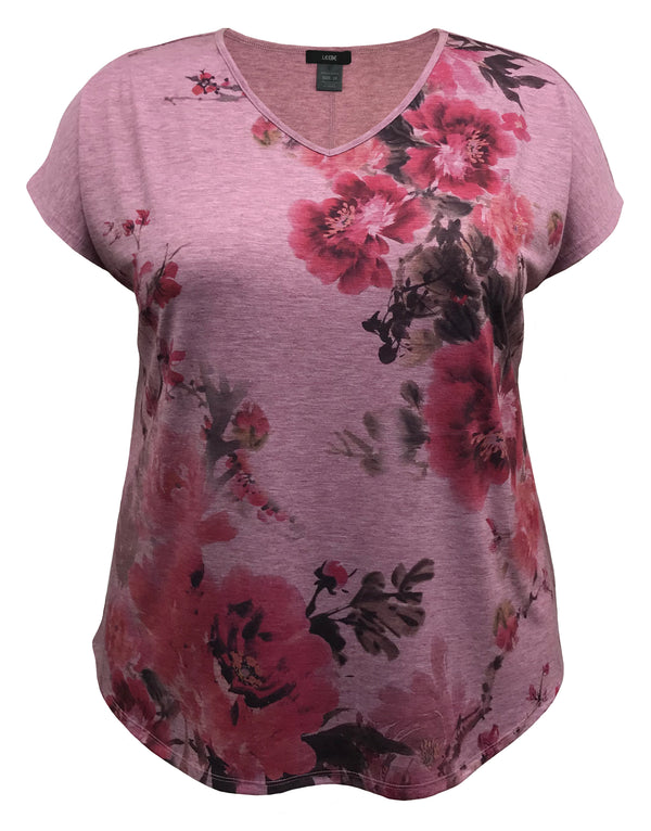 Women's  Mauve Floral V-Neck Dolman Short Sleeve Print Top