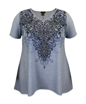 Women's Navy Paisley Swing V-Neck  Short Sleeve Print Top