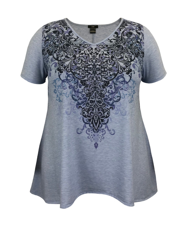 Women's Navy Paisley Swing V-Neck  Short Sleeve Print Top