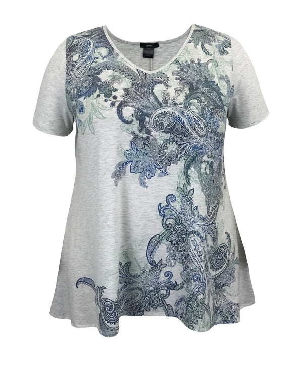 Women's Teal Paisley High-Low V Neck Short Sleeve Print Top